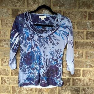 Coldwater Creek Top XS Blue White V Neck frilled 3/4 sleeve new with tags